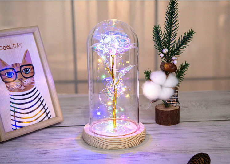 Log Base Rose In Glass Dome with LED Home Wedding Decoration Birthday Valentine's Day Gift Mother 's Gift