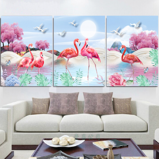 3PCS 150X62CM Flamingo Cross Stitch Kits 11CT Stamped Full Range of Embroidery Starter Kit for Beginners Pre-Printed Pattern