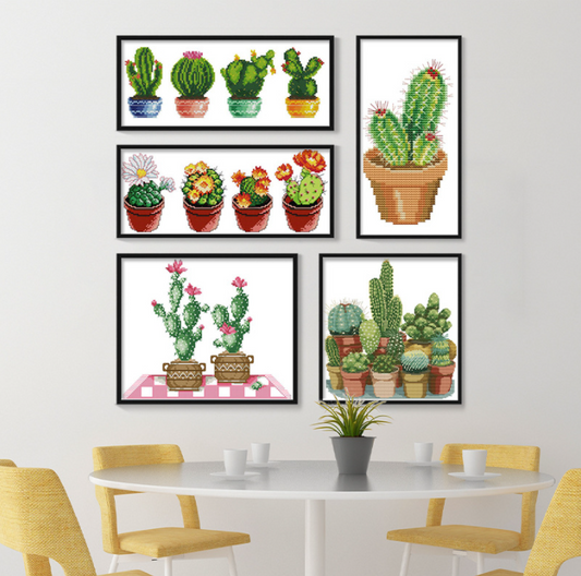 5 PCS a Set of Cactus Series Cross Stitch Kits 11CT Stamped Full Range of Embroidery Starter Kit for Beginners Pre-Printed Pattern