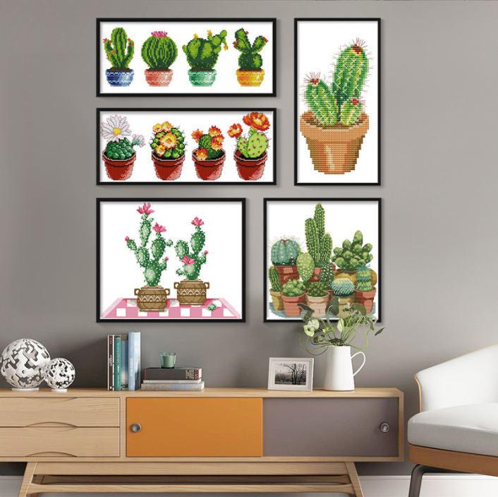 5 PCS a Set of Cactus Series Cross Stitch Kits 11CT Stamped Full Range of Embroidery Starter Kit for Beginners Pre-Printed Pattern