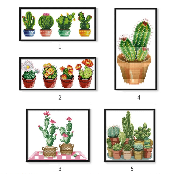 5 PCS a Set of Cactus Series Cross Stitch Kits 11CT Stamped Full Range of Embroidery Starter Kit for Beginners Pre-Printed Pattern