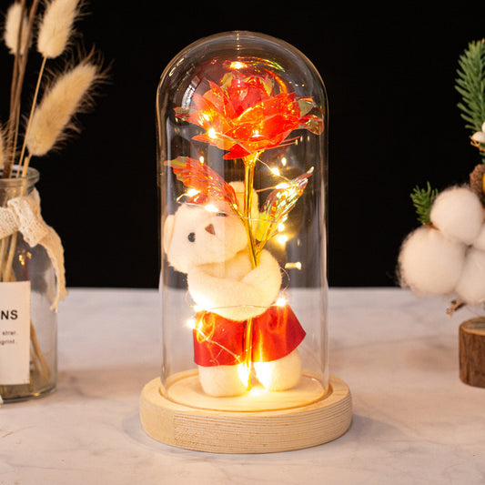 Red Bear-Beauty and Beast Rose Flower with LED