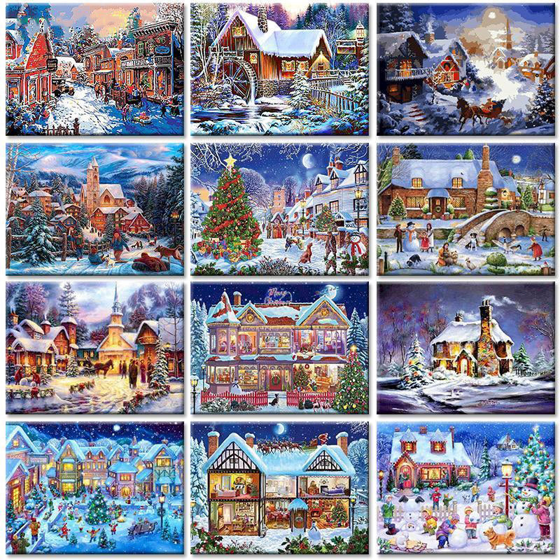 Christmas DIY Snow scenery Oil Painting By Numbers for Canvas Home Decor