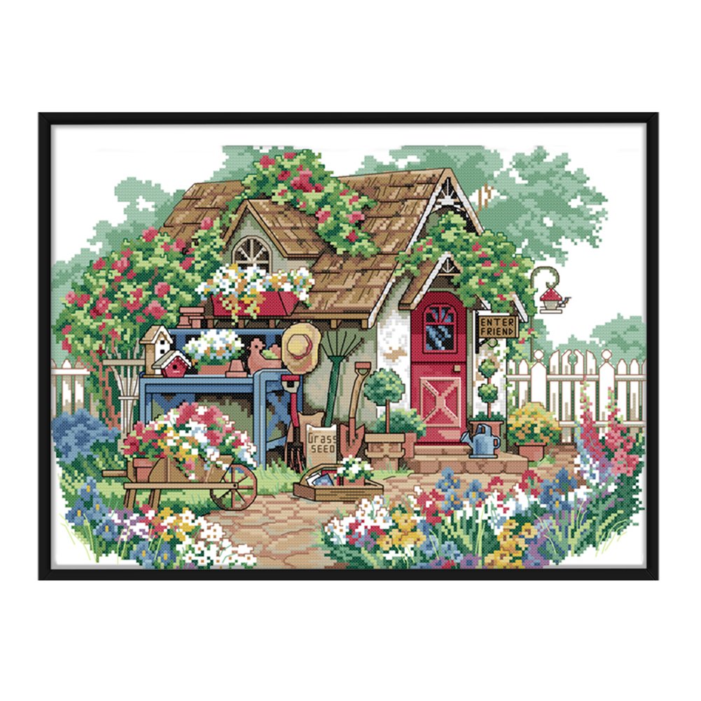 56*42cm Flower Cottage - 3 strands 11CT Stamped Cross Stitch Range of Embroidery Starter Kit for Beginners Pre-Printed Pattern