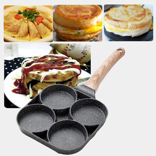 4 Hole Omelet Pan for Burger Eggs Ham Pancake Maker Wooden Handle Frying Pot Non-Stick Cooking Breakfast