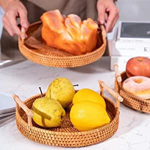 Hand Woven Round Decorative Rustic Serving Wicker Trays with Handles for Home / Social Events - Bread Basket, Vegetable, Fruits, Snacks, Crackers