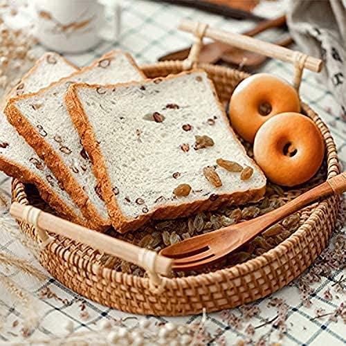 Hand Woven Round Decorative Rustic Serving Wicker Trays with Handles for Home / Social Events - Bread Basket, Vegetable, Fruits, Snacks, Crackers