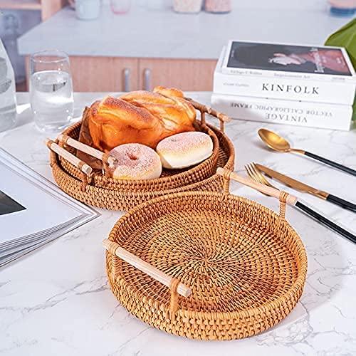 Hand Woven Round Decorative Rustic Serving Wicker Trays with Handles for Home / Social Events - Bread Basket, Vegetable, Fruits, Snacks, Crackers