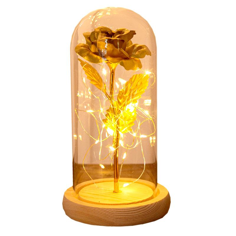 24K gold foil Log Base Rose In Glass Dome with LED Birthday Valentine's Day Gift Mother 's Gift