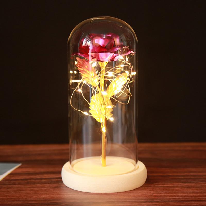 24K gold foil Log Base Rose In Glass Dome with LED Birthday Valentine's Day Gift Mother 's Gift