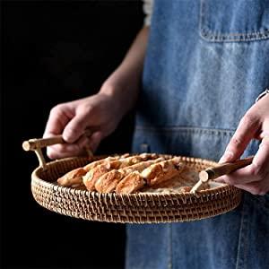 Hand Woven Round Decorative Rustic Serving Wicker Trays with Handles for Home / Social Events - Bread Basket, Vegetable, Fruits, Snacks, Crackers