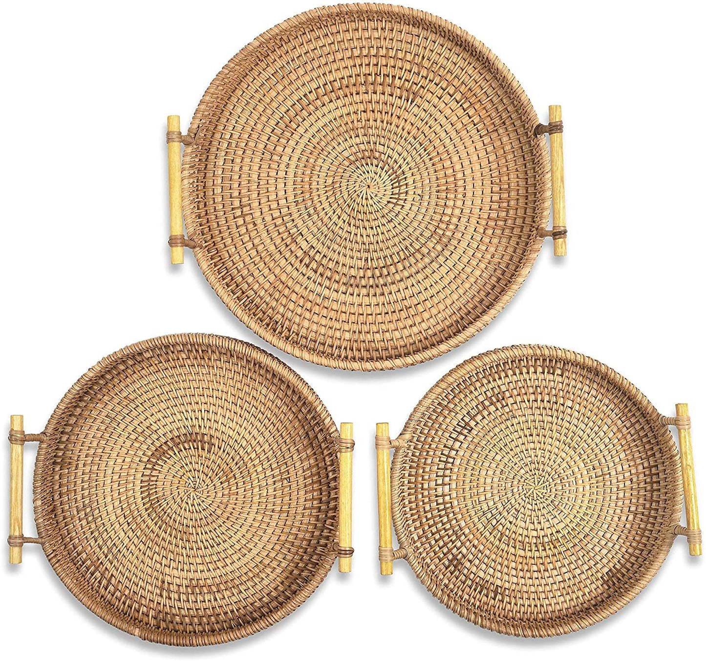 Hand Woven Round Decorative Rustic Serving Wicker Trays with Handles for Home / Social Events - Bread Basket, Vegetable, Fruits, Snacks, Crackers
