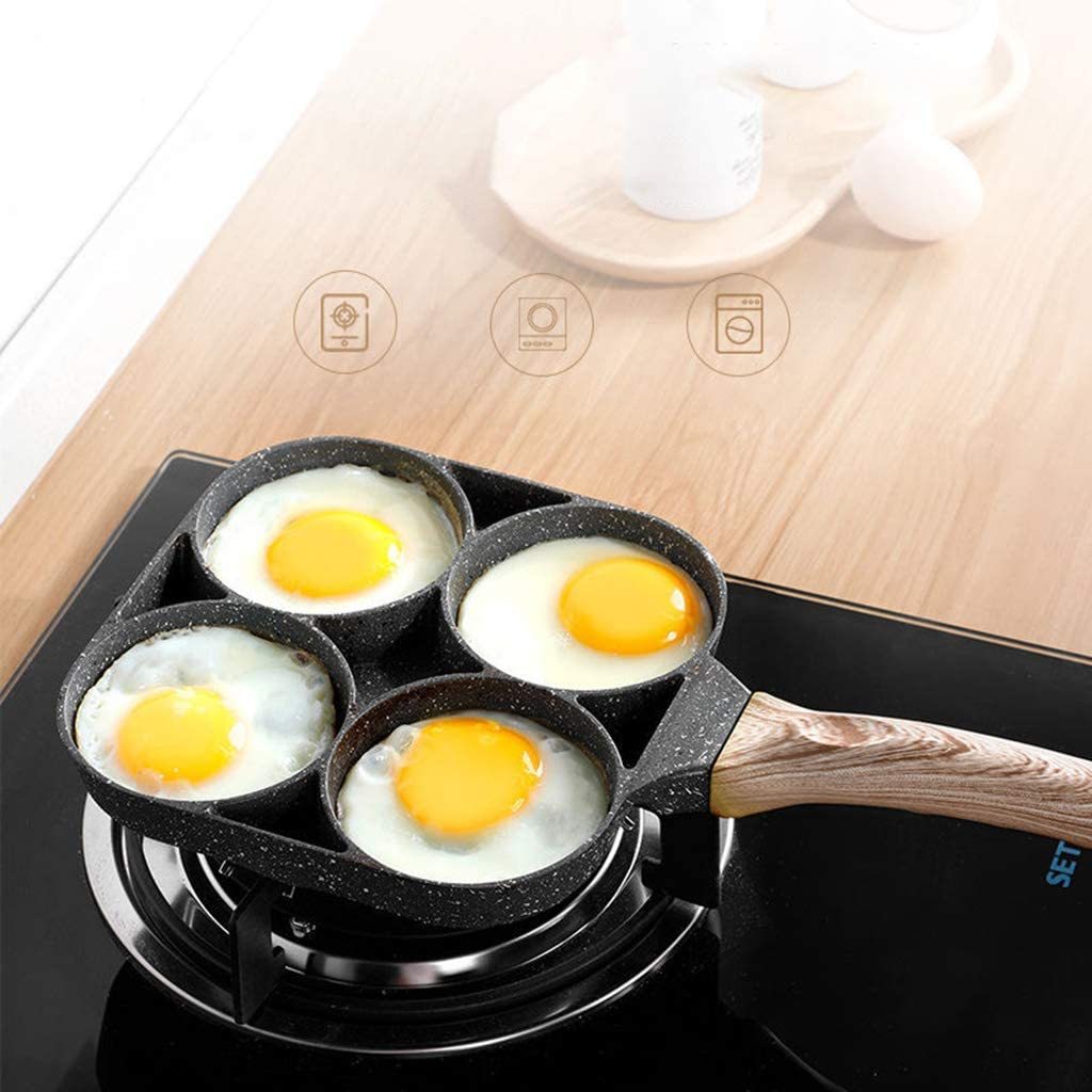 4 Hole Omelet Pan for Burger Eggs Ham Pancake Maker Wooden Handle Frying Pot Non-Stick Cooking Breakfast