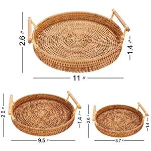Hand Woven Round Decorative Rustic Serving Wicker Trays with Handles for Home / Social Events - Bread Basket, Vegetable, Fruits, Snacks, Crackers