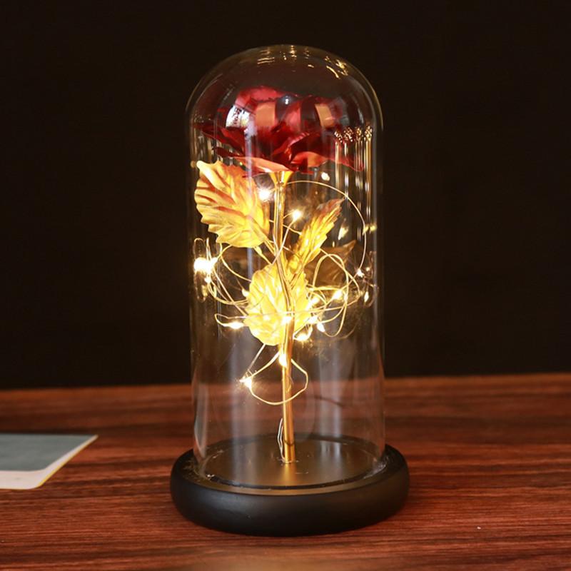 24K gold foil Log Base Rose In Glass Dome with LED Birthday Valentine's Day Gift Mother 's Gift