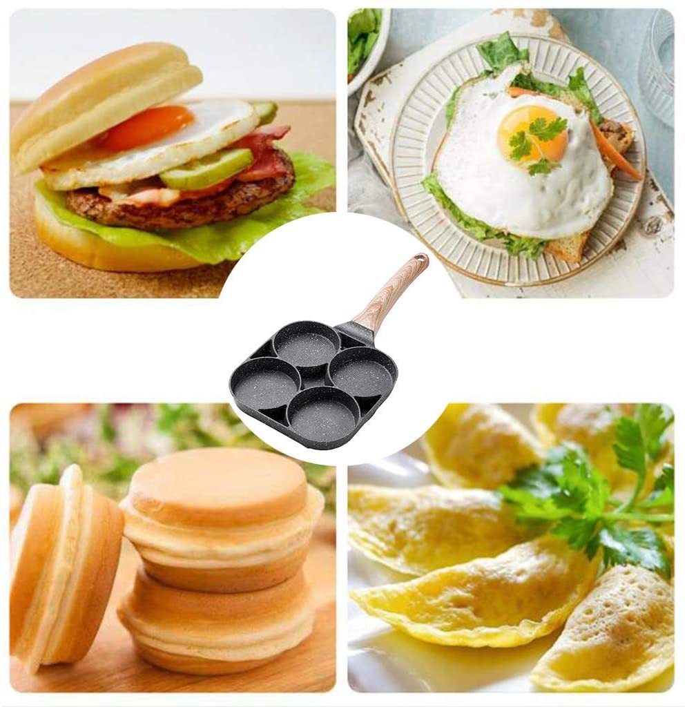 4 Hole Omelet Pan for Burger Eggs Ham Pancake Maker Wooden Handle Frying Pot Non-Stick Cooking Breakfast