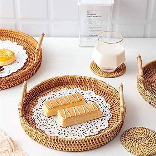 Hand Woven Round Decorative Rustic Serving Wicker Trays with Handles for Home / Social Events - Bread Basket, Vegetable, Fruits, Snacks, Crackers