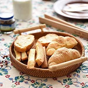Hand Woven Round Decorative Rustic Serving Wicker Trays with Handles for Home / Social Events - Bread Basket, Vegetable, Fruits, Snacks, Crackers