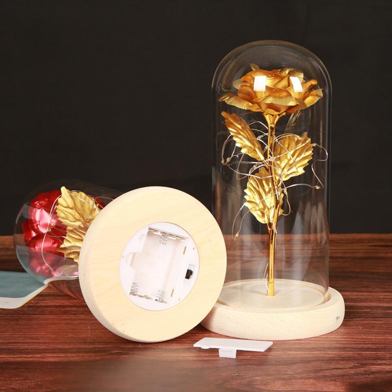 24K gold foil Log Base Rose In Glass Dome with LED Birthday Valentine's Day Gift Mother 's Gift