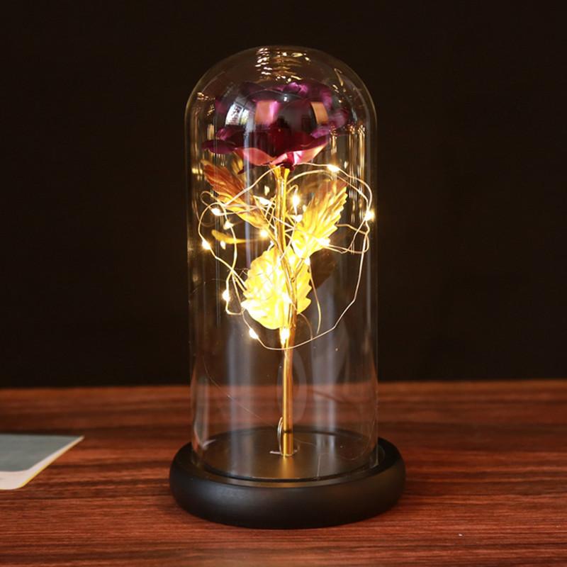 24K gold foil Log Base Rose In Glass Dome with LED Birthday Valentine's Day Gift Mother 's Gift