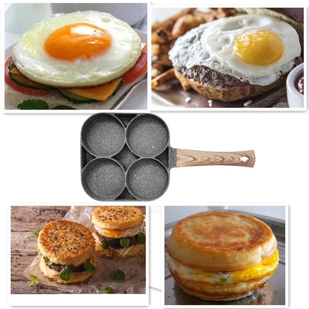 4 Hole Omelet Pan for Burger Eggs Ham Pancake Maker Wooden Handle Frying Pot Non-Stick Cooking Breakfast