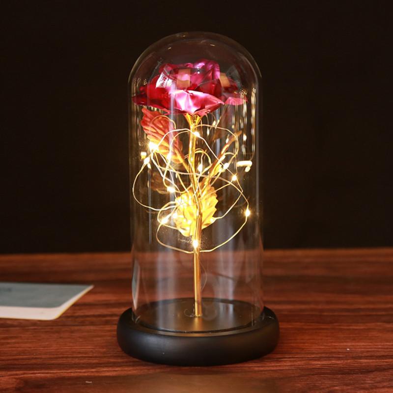 24K gold foil Log Base Rose In Glass Dome with LED Birthday Valentine's Day Gift Mother 's Gift