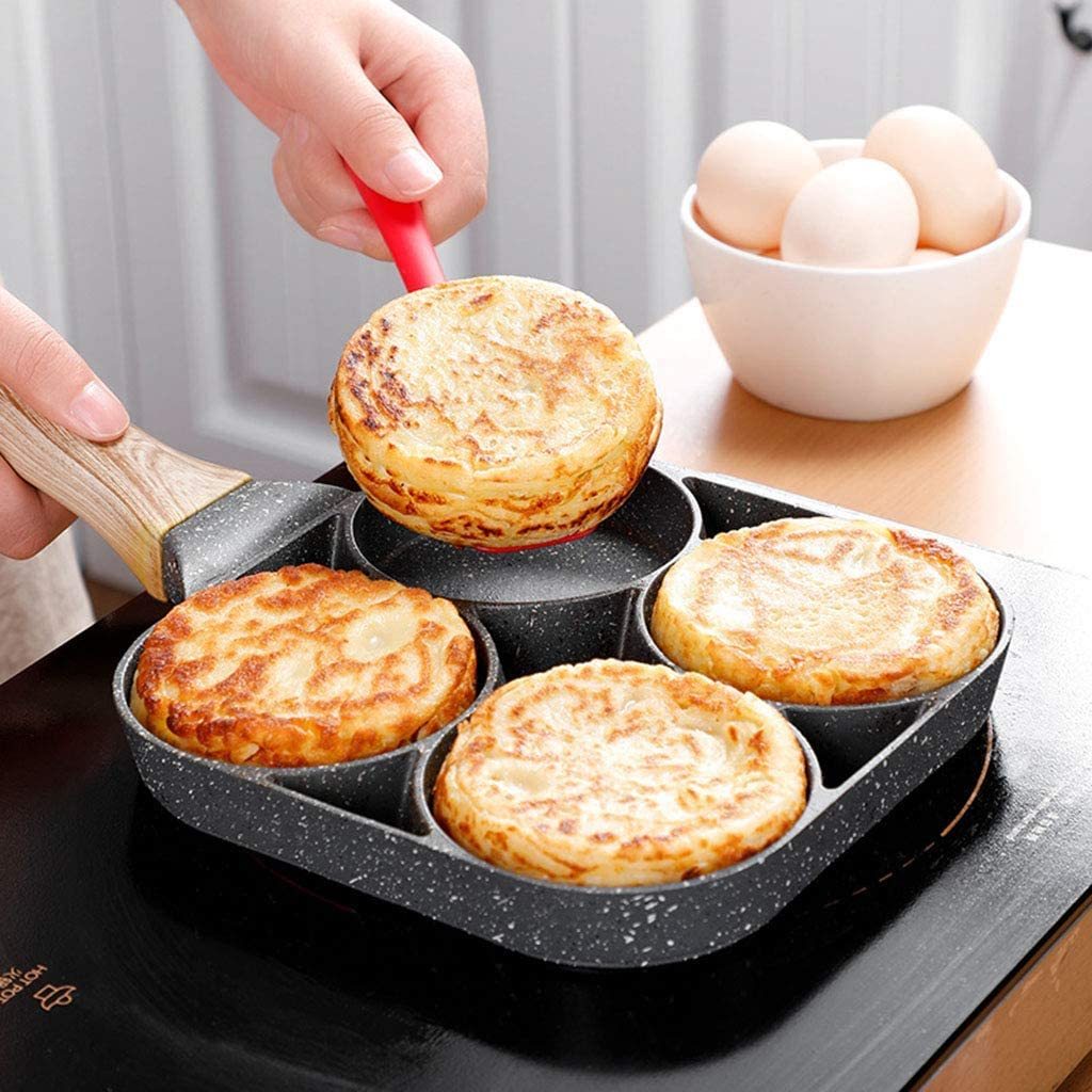 4 Hole Omelet Pan for Burger Eggs Ham Pancake Maker Wooden Handle Frying Pot Non-Stick Cooking Breakfast