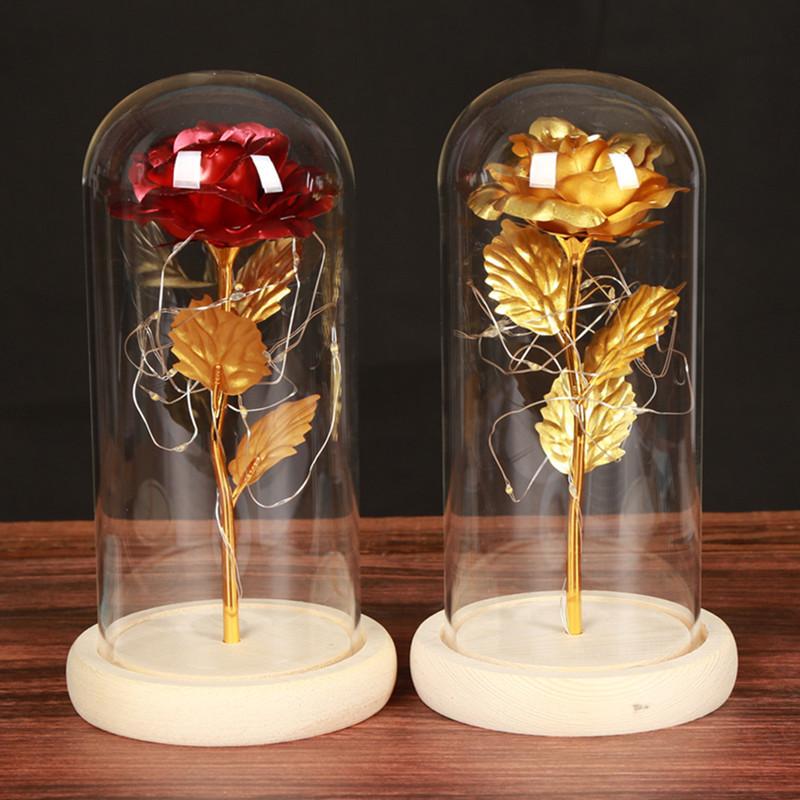 24K gold foil Log Base Rose In Glass Dome with LED Birthday Valentine's Day Gift Mother 's Gift