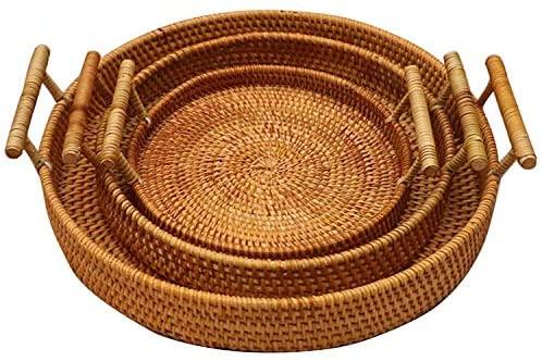 Hand Woven Round Decorative Rustic Serving Wicker Trays with Handles for Home / Social Events - Bread Basket, Vegetable, Fruits, Snacks, Crackers